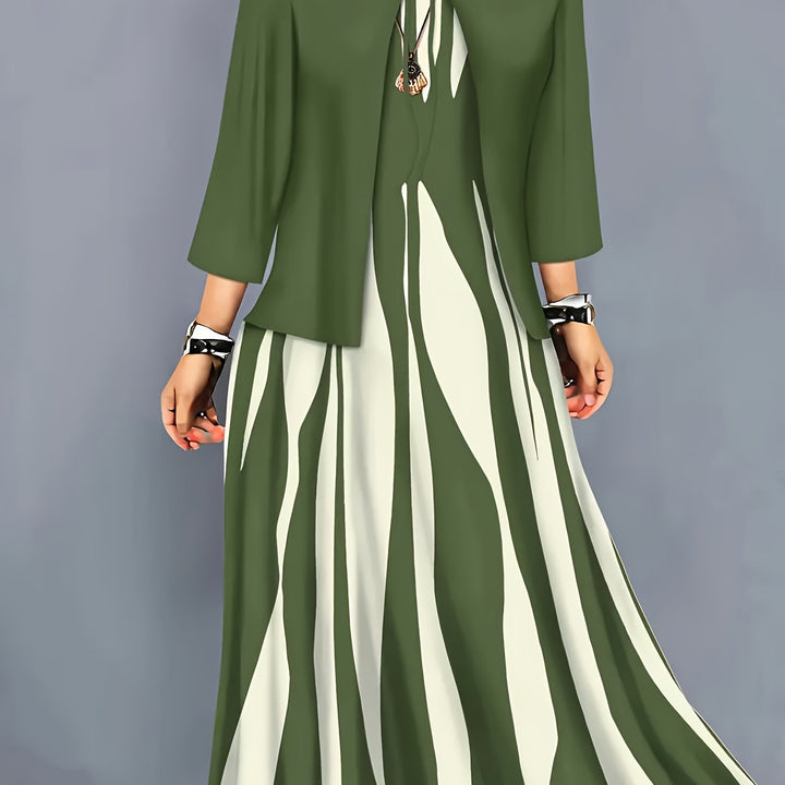 Dames Tweedelig Elegante Jurk Set in varenblauwgroen, Klassieke Stijl