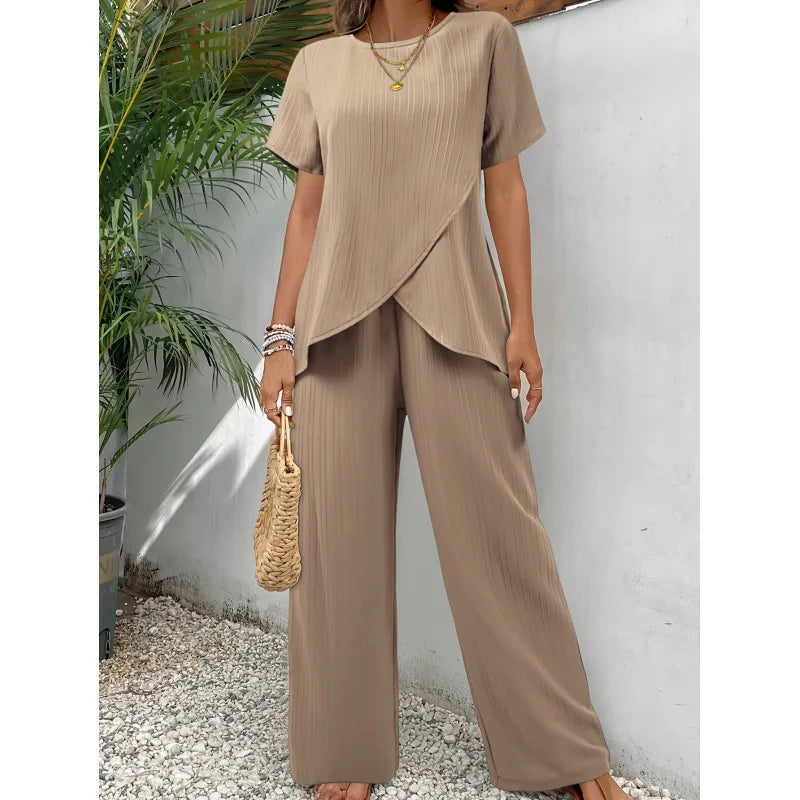 Dames Tweedelig Set Blouse Broek - Elegante Werkoutfit - Khaki