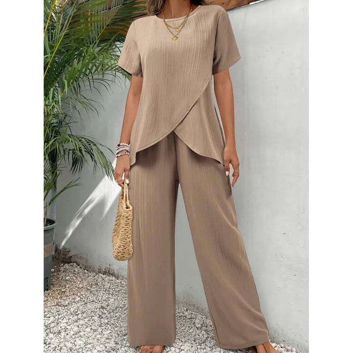 Dames Tweedelig Set Blouse Broek - Elegante Werkoutfit - Khaki