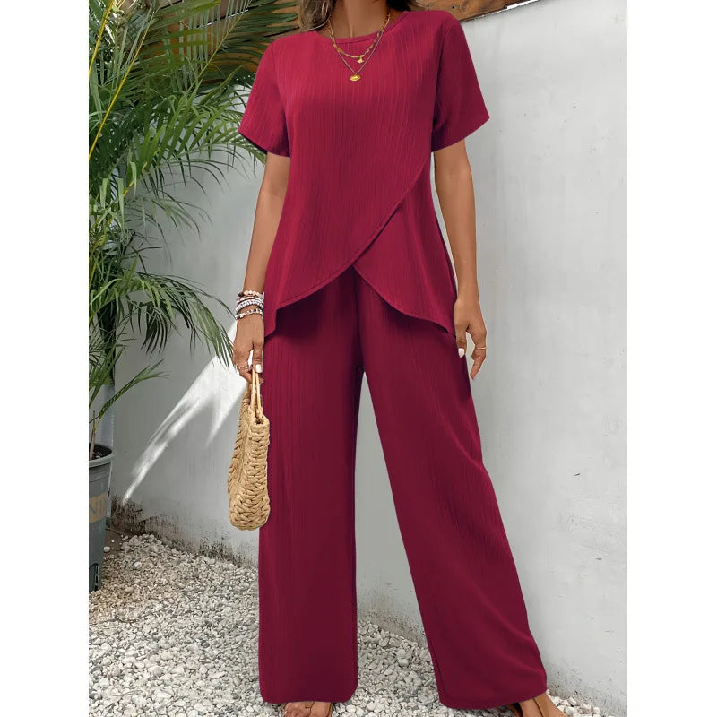 Dames Tweedelig Set Blouse Broek - Elegante Werkoutfit - Rood