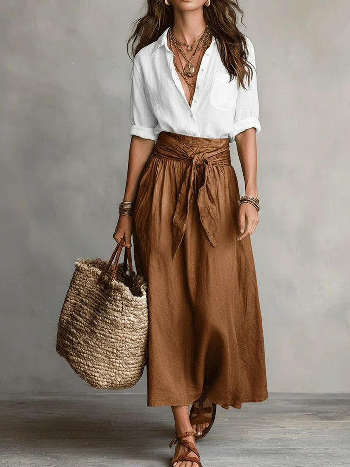 Dames Tweedelig Set Shirt Midi Rok in bruin, Ontspannen Elegantie