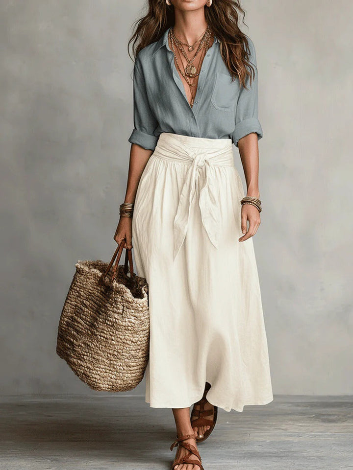Dames Tweedelig Set Shirt Midi Rok in lichtblauw, Ontspannen Elegantie