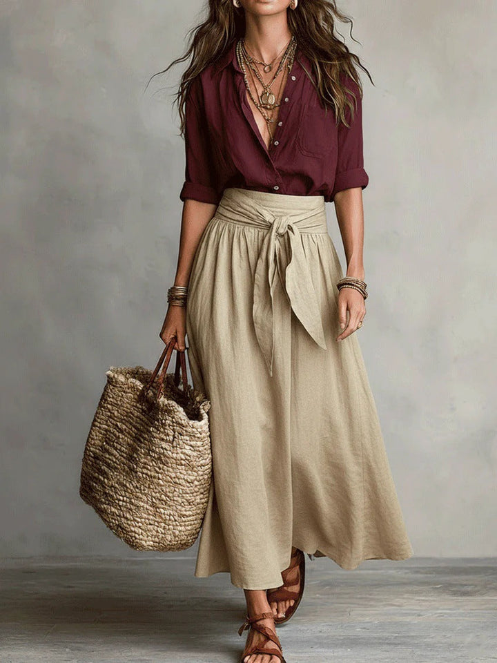 Dames Tweedelig Set Shirt Midi Rok in rood, Ontspannen Elegantie