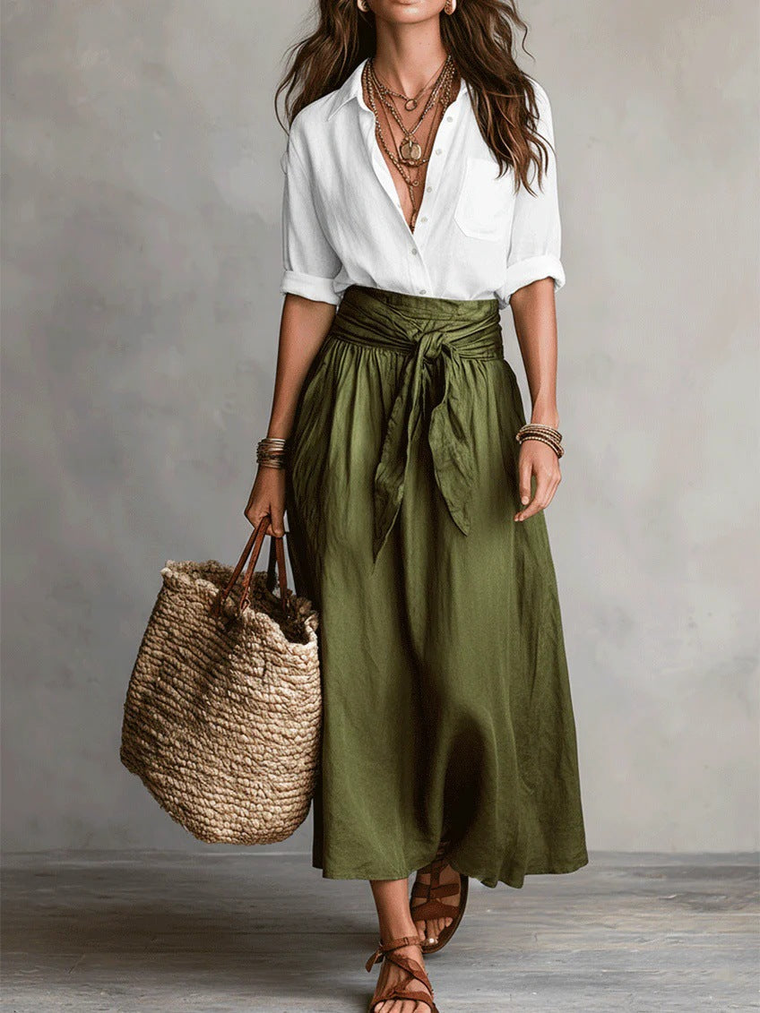 Dames Tweedelig Set Shirt Midi Rok in wit, Ontspannen Elegantie