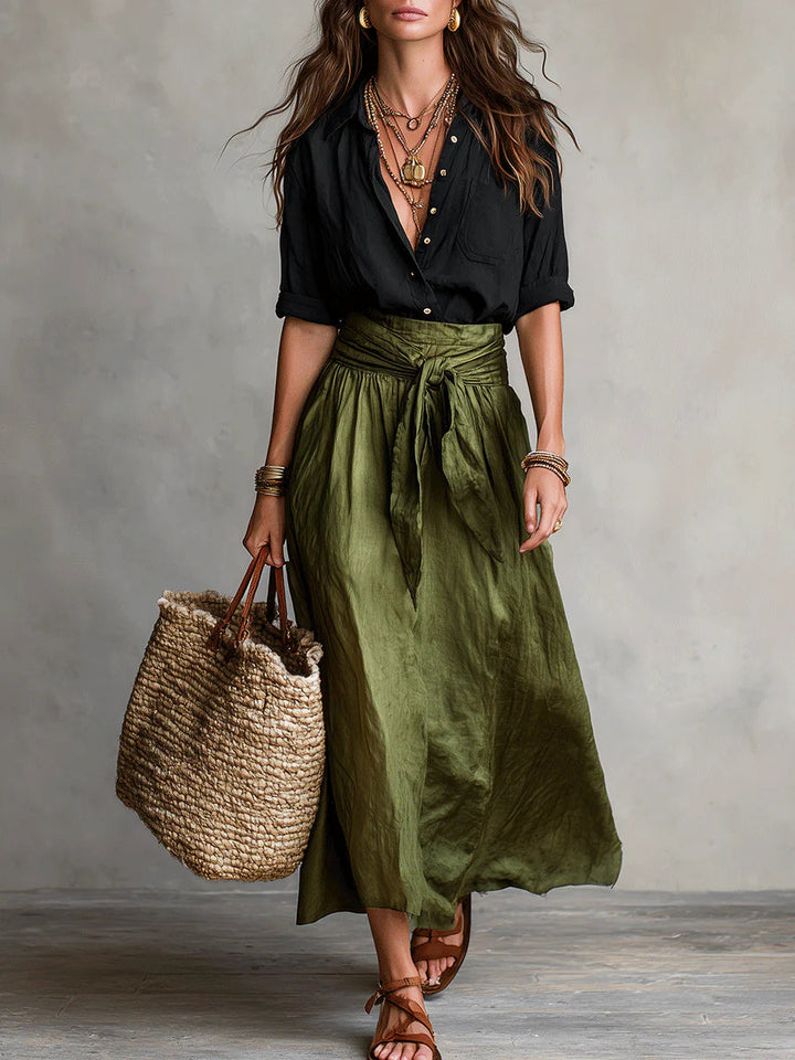 Dames Tweedelig Set Shirt Midi Rok in zwart groen, Ontspannen Elegantie