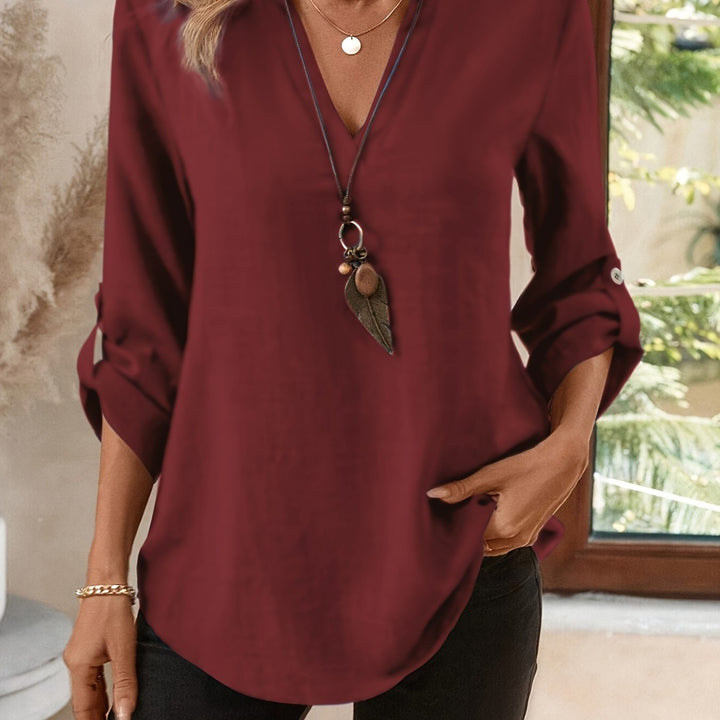 Dames V-hals blouse in bourgondië, Verfijnde elegantie