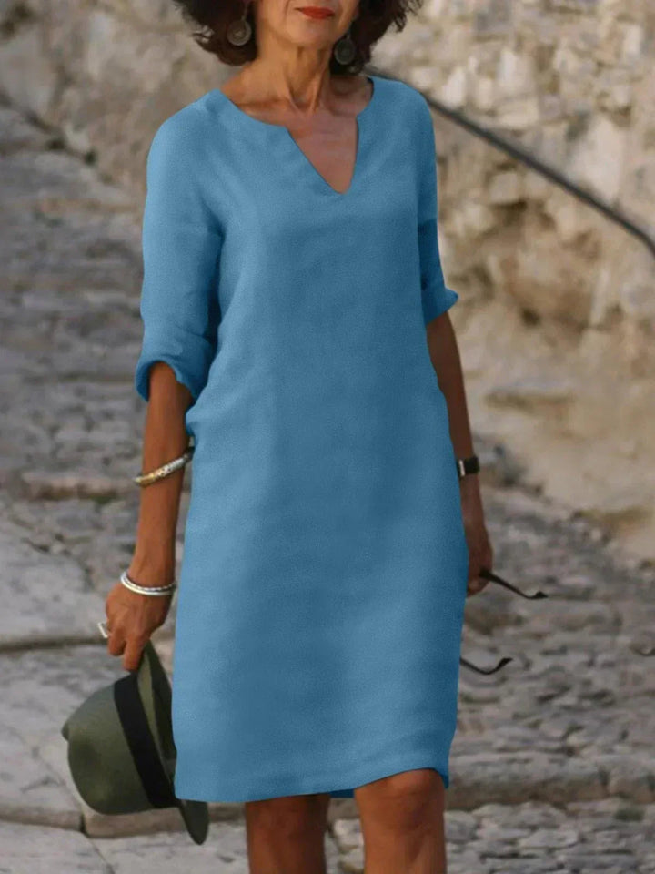Dames V-hals jurk met halflange mouwen - Casual elegantie - Lichtblauw