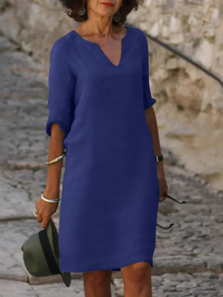 Dames V-hals jurk met halflange mouwen - Casual elegantie - Marineblauw