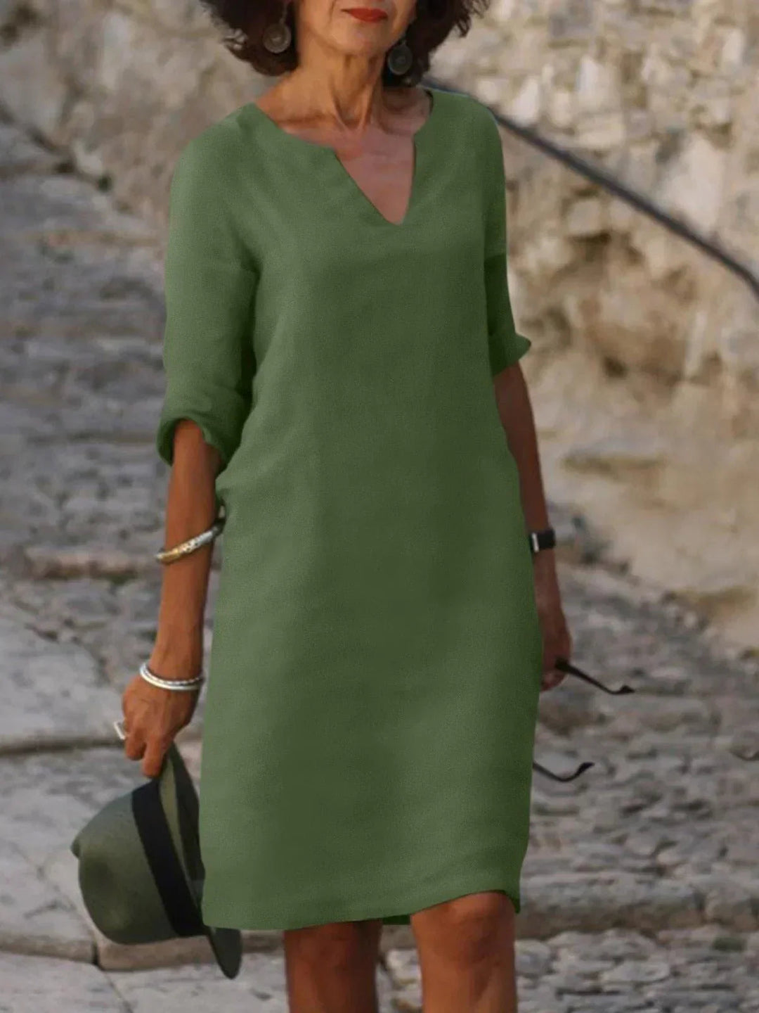 Dames V-hals jurk met halflange mouwen - Casual elegantie - Olijfgroen