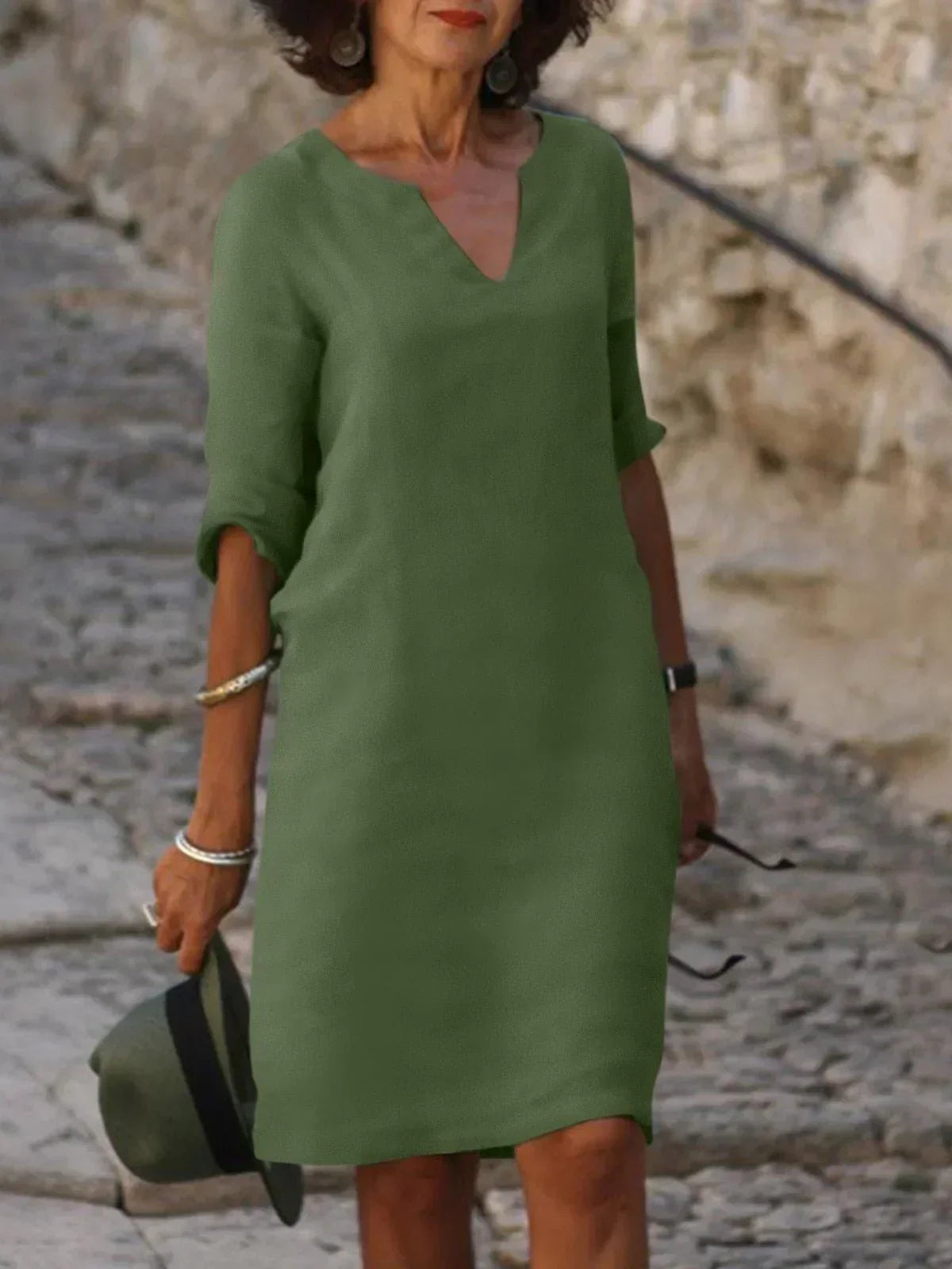 Dames V-hals jurk met halflange mouwen - Casual elegantie - Olijfgroen
