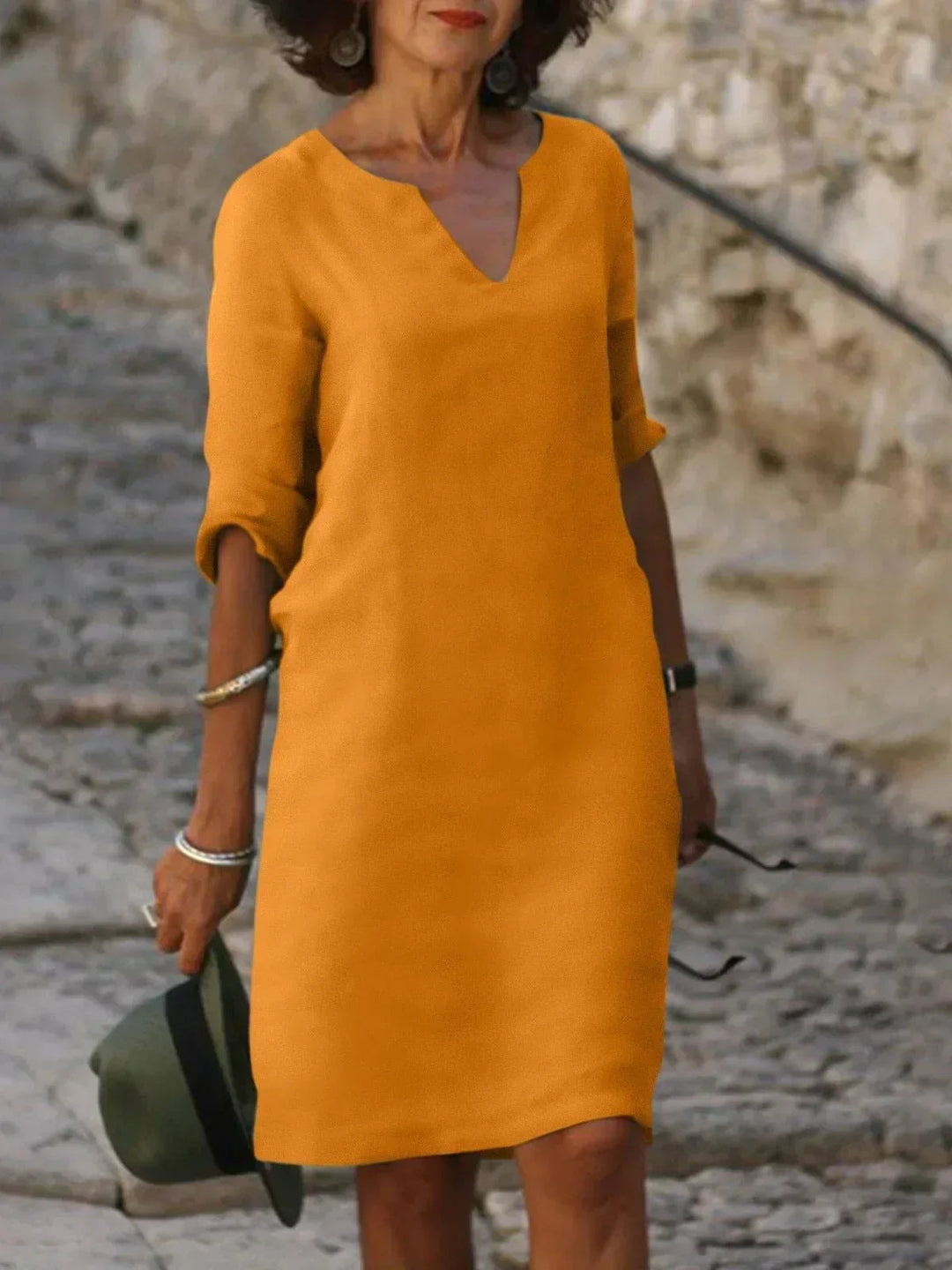 Dames V-hals jurk met halflange mouwen - Casual elegantie - Oranje