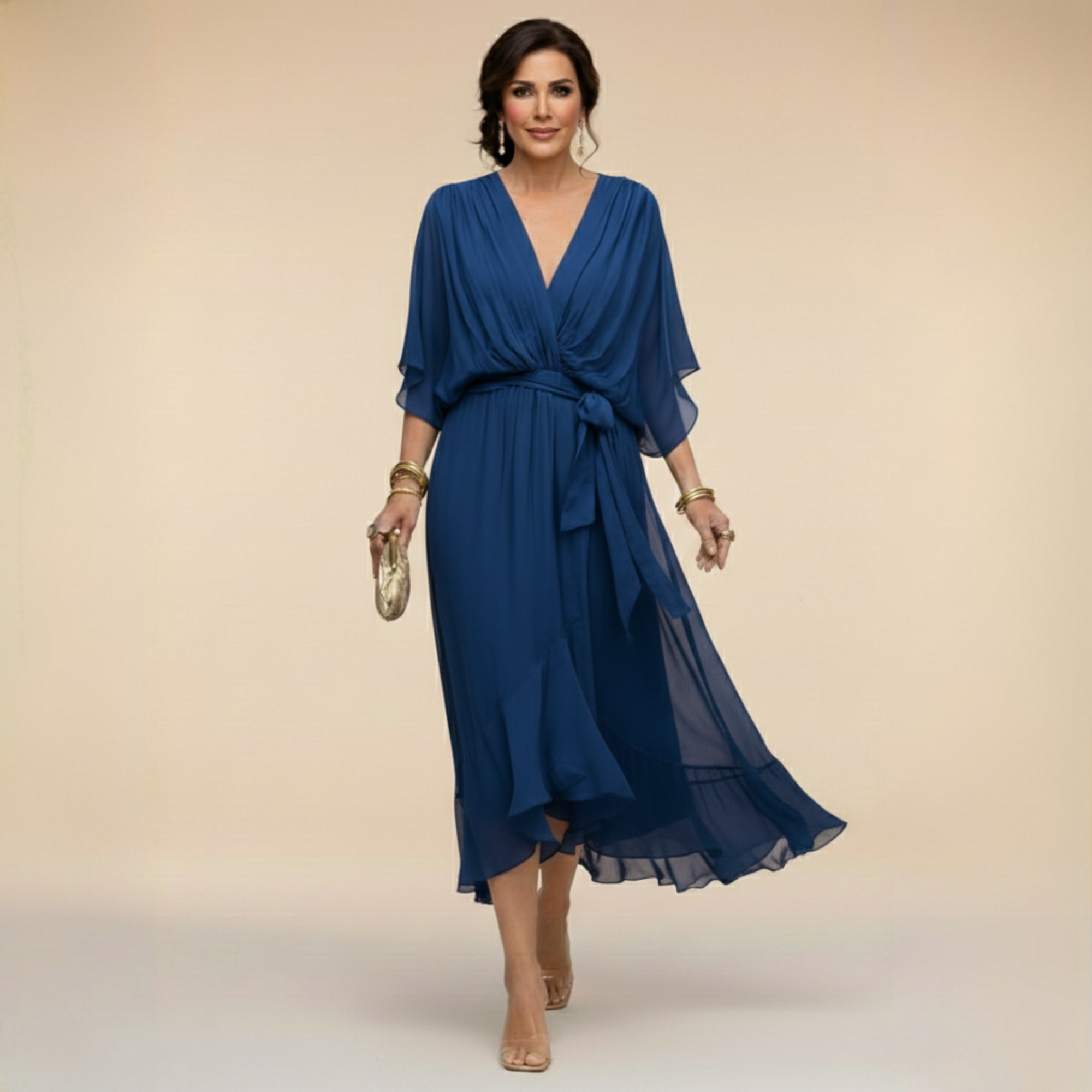 Dames V-hals jurk met volumineuze mouwen - Elegant - Blauw