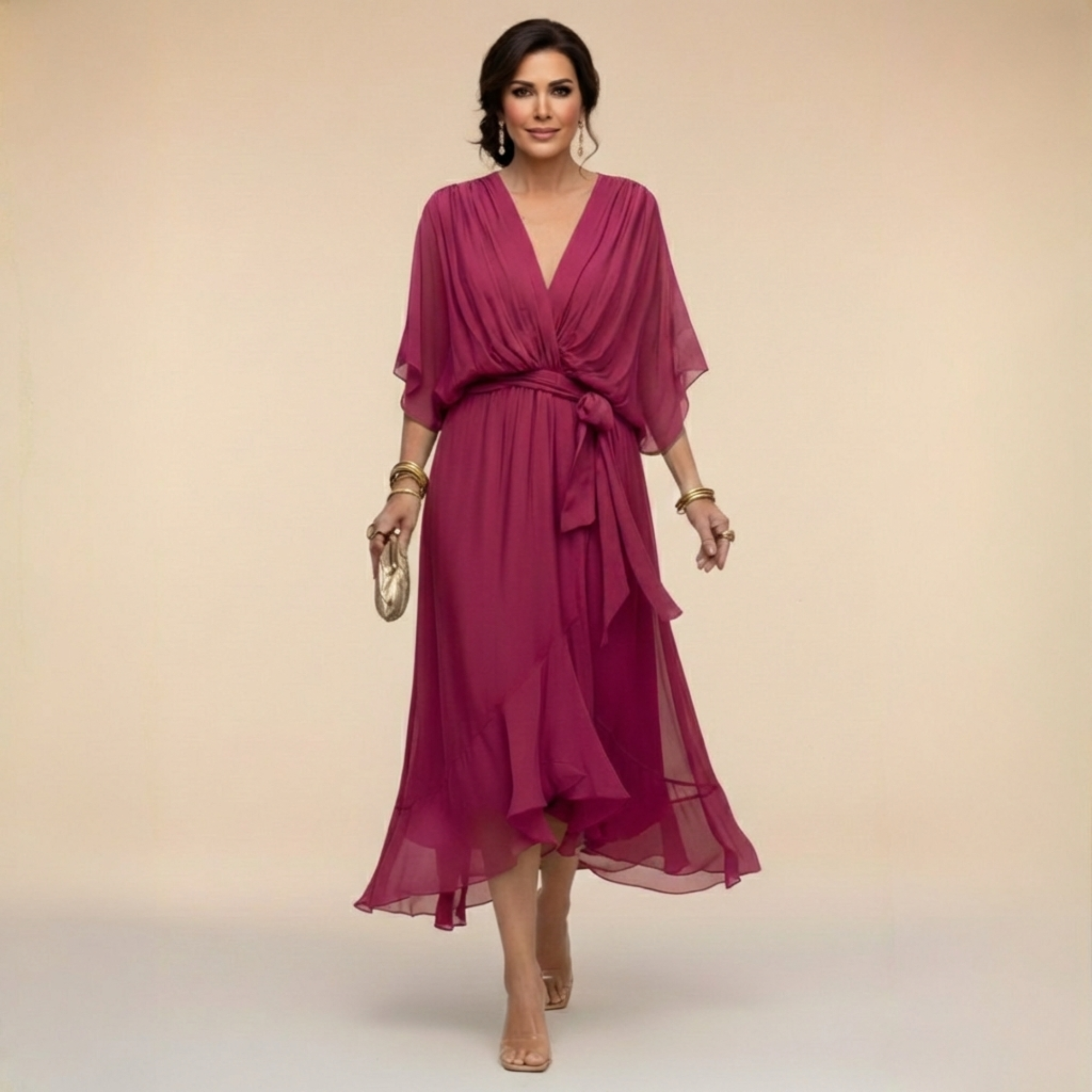 Dames V-hals jurk met volumineuze mouwen - Elegant - Donkerpaars