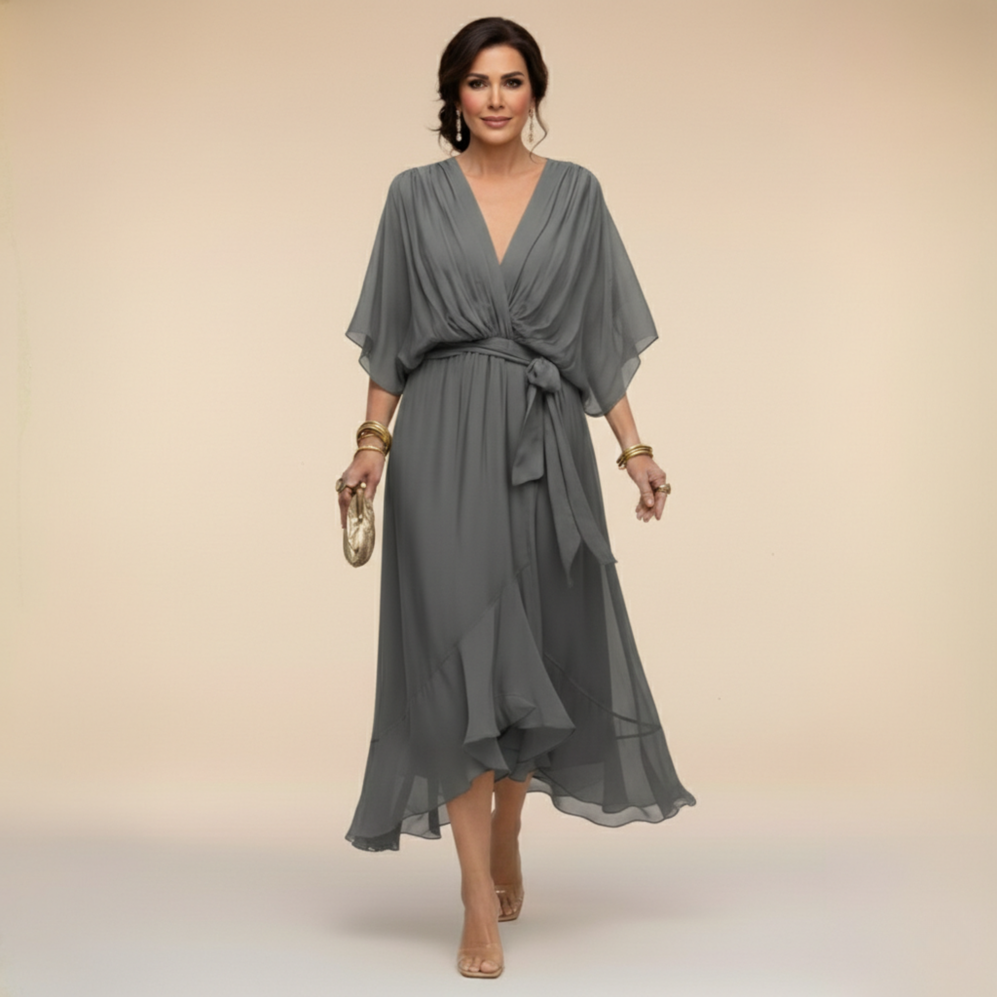 Dames V-hals jurk met volumineuze mouwen - Elegant - Grijs