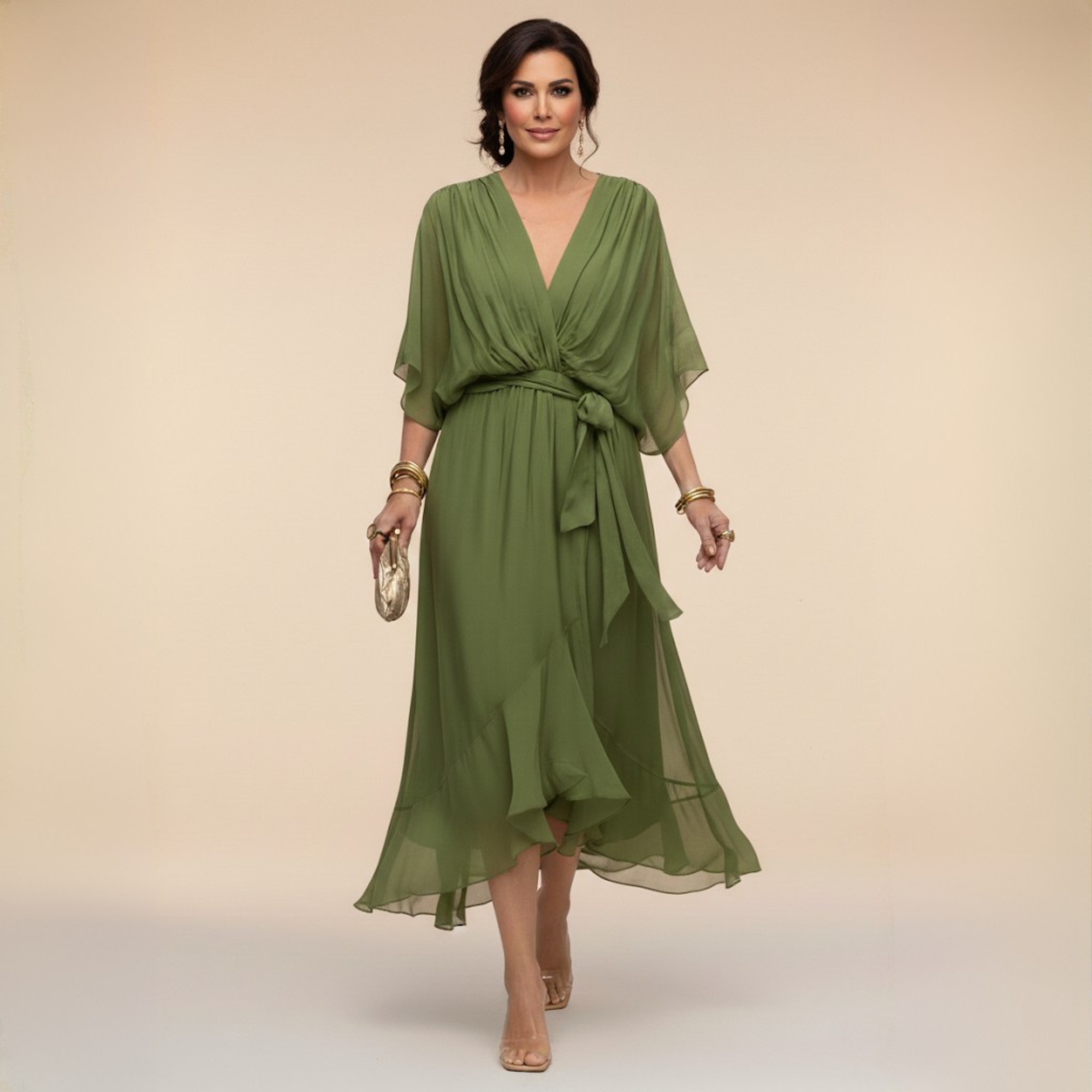 Dames V-hals jurk met volumineuze mouwen - Elegant - Groen