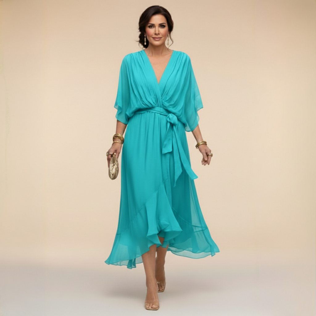 Dames V-hals jurk met volumineuze mouwen - Elegant - Marineblauw
