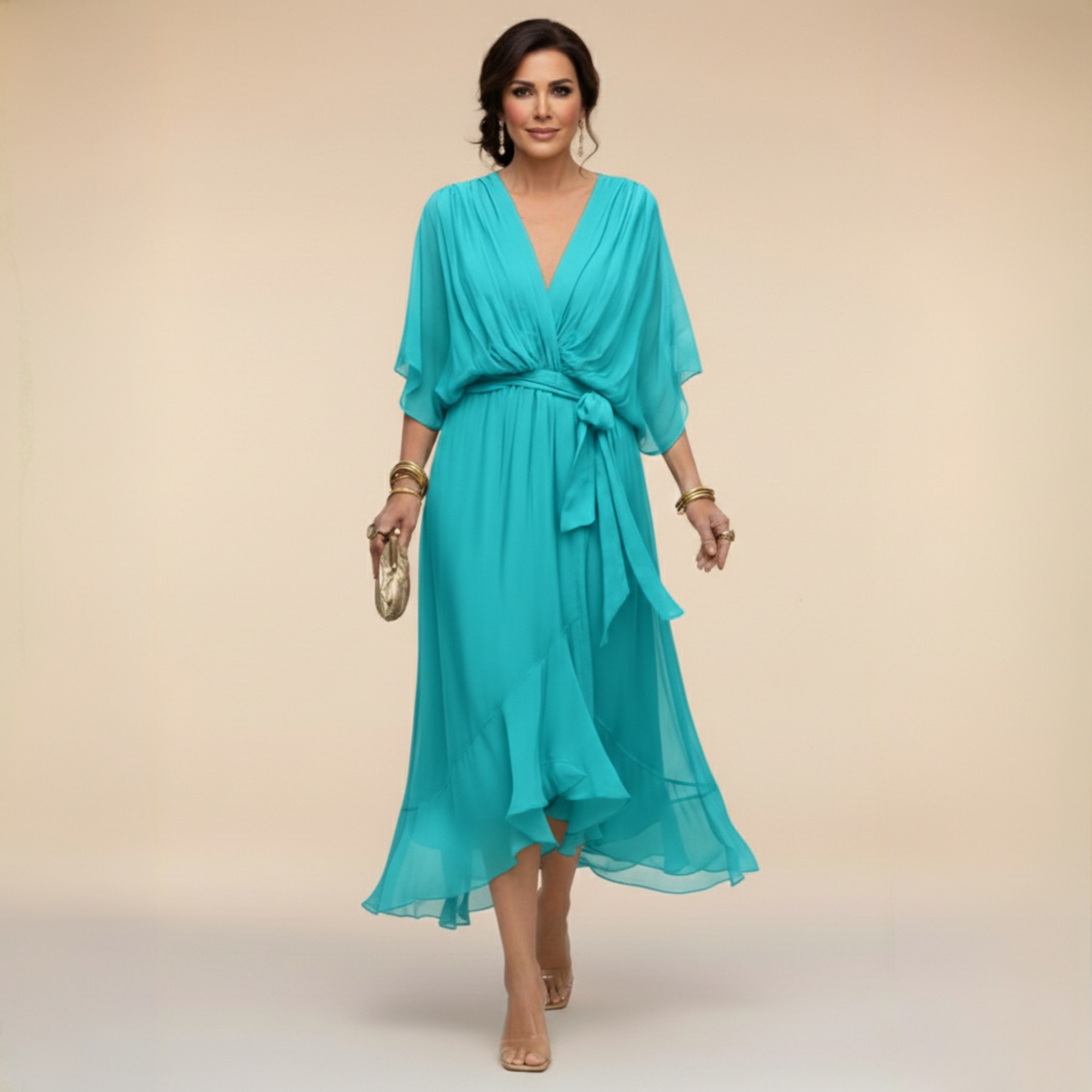 Dames V-hals jurk met volumineuze mouwen - Elegant - Marineblauw