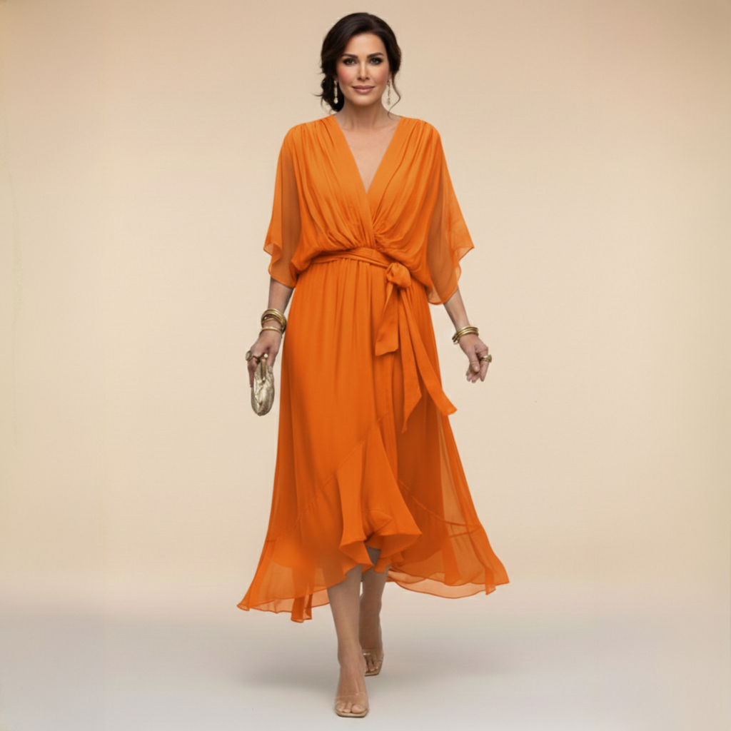 Dames V-hals jurk met volumineuze mouwen - Elegant - Oranje