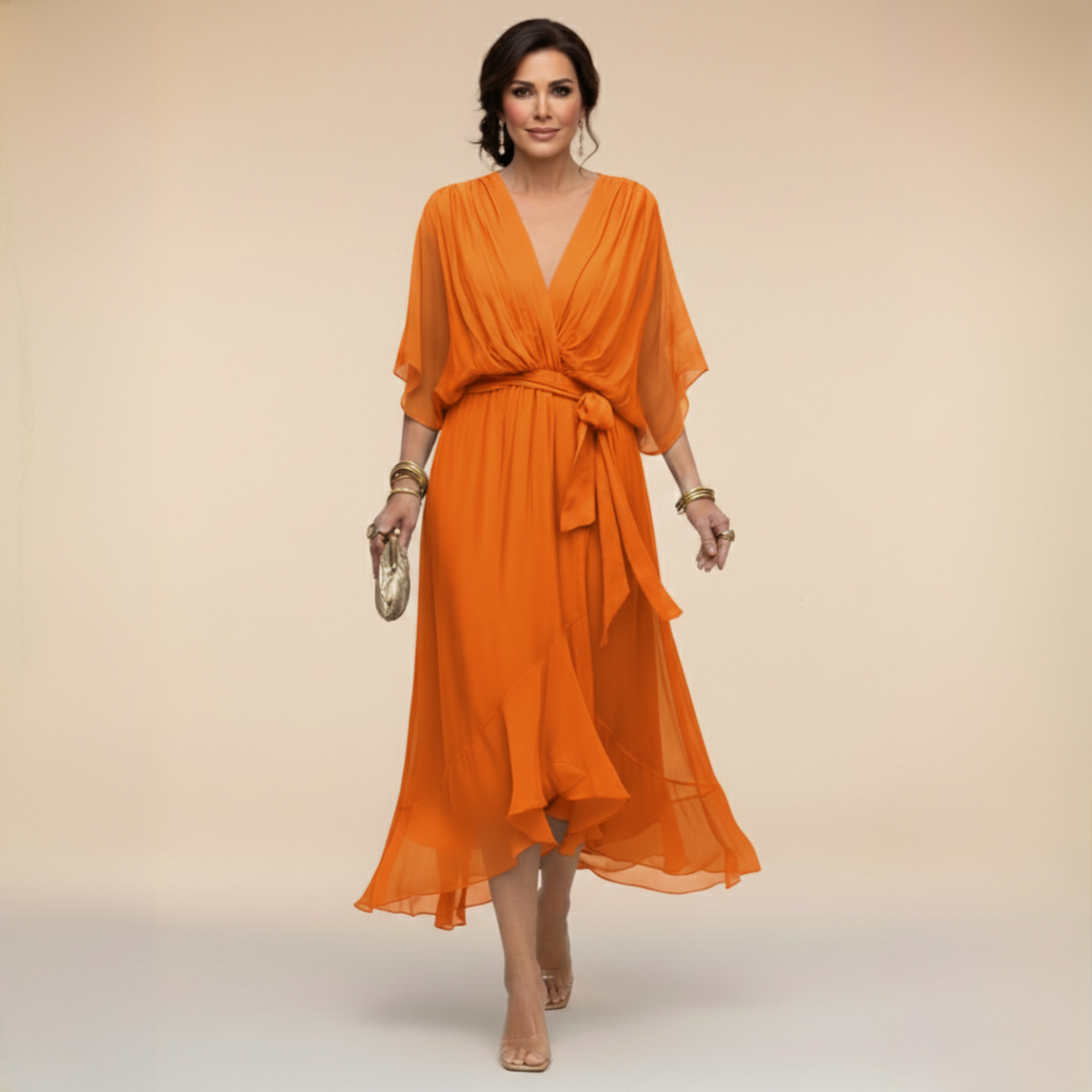 Dames V-hals jurk met volumineuze mouwen - Elegant - Oranje