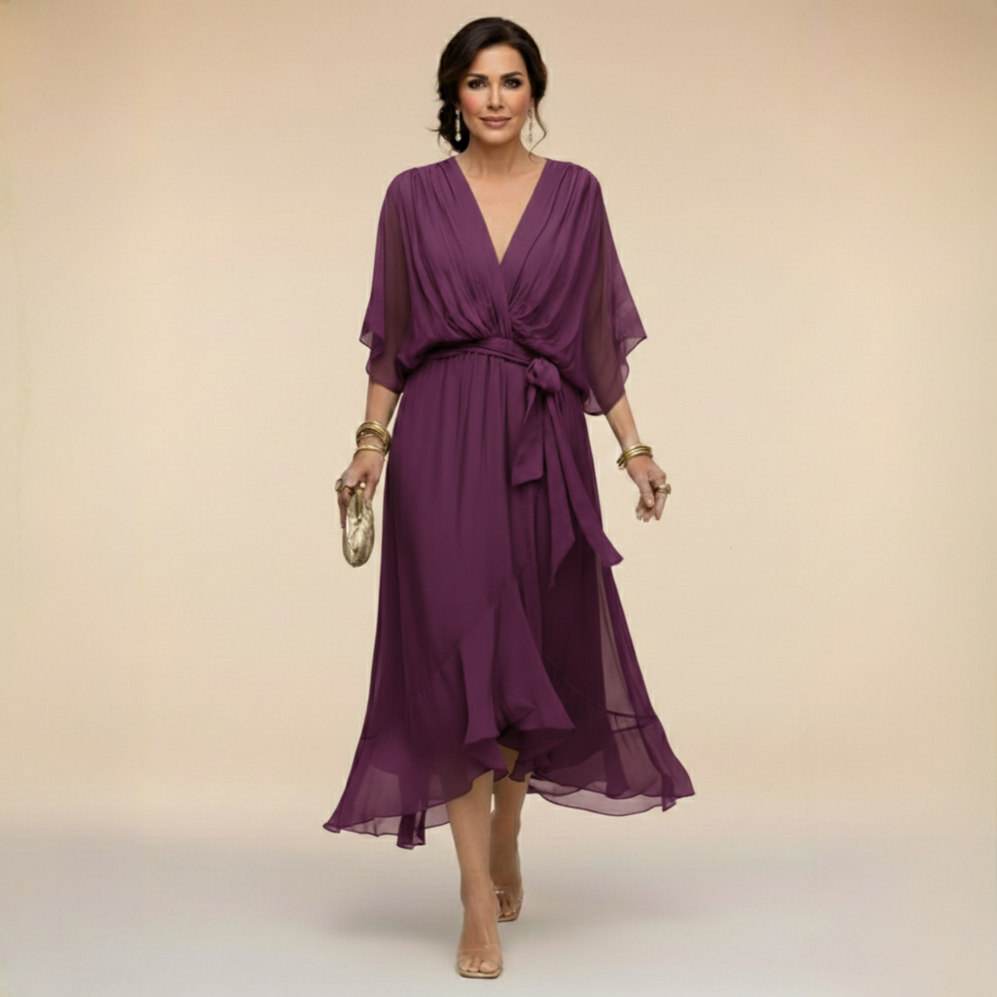 Dames V-hals jurk met volumineuze mouwen - Elegant - Paars