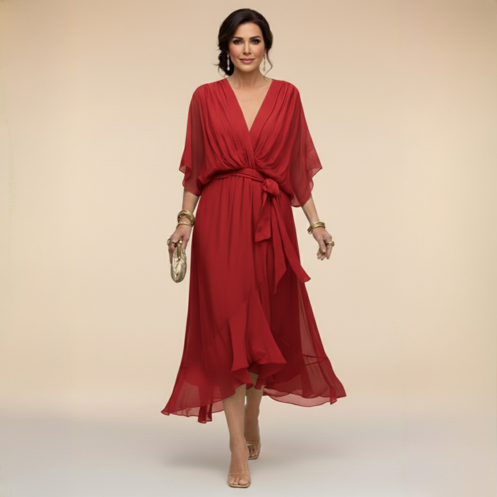 Dames V-hals jurk met volumineuze mouwen - Elegant - Rood
