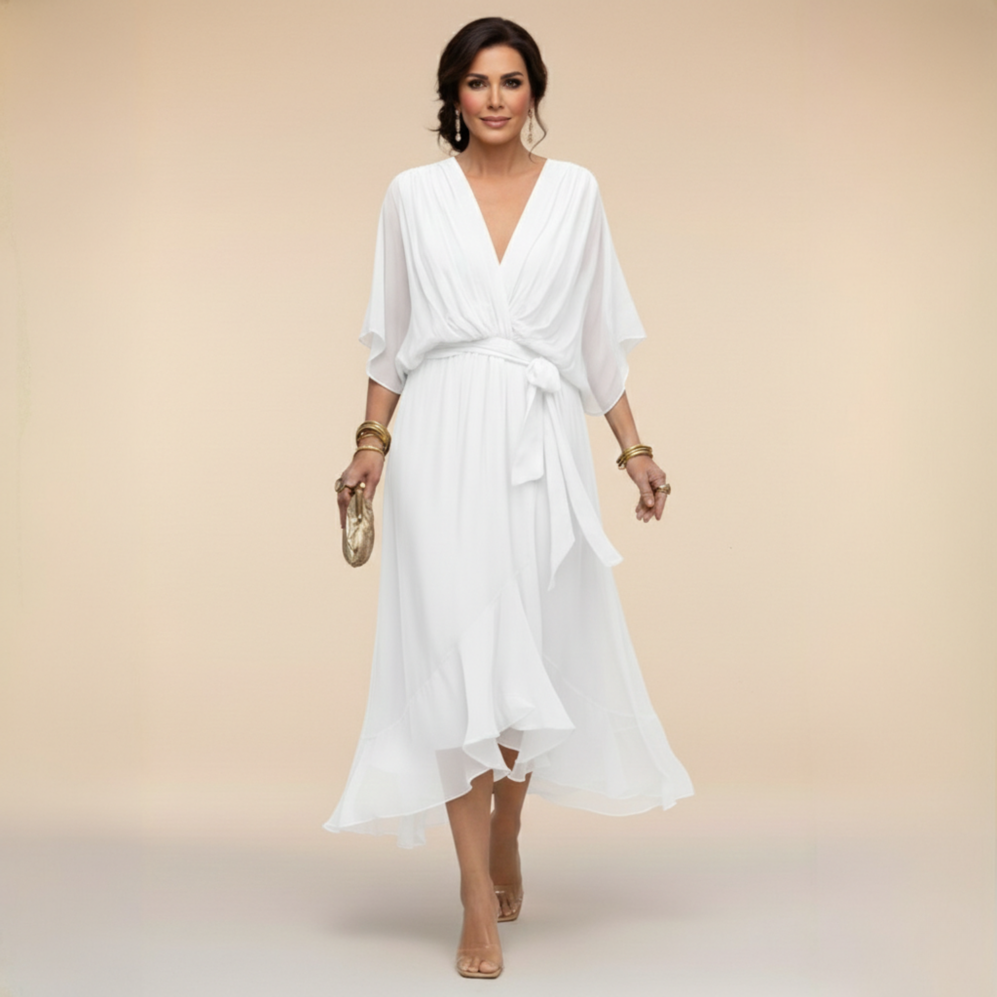 Dames V-hals jurk met volumineuze mouwen - Elegant - Wit