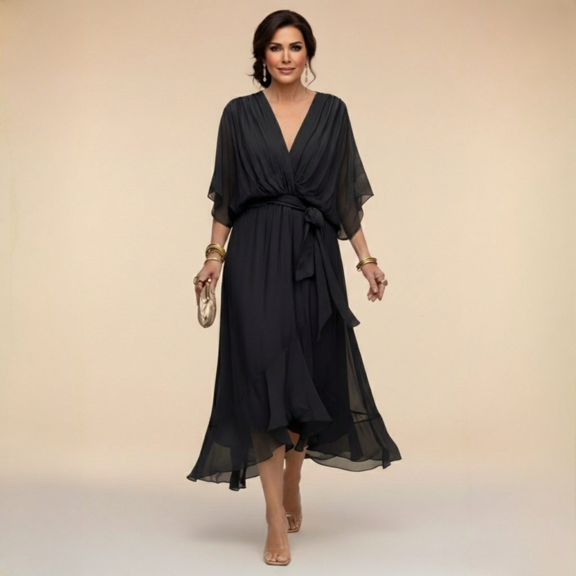 Dames V-hals jurk met volumineuze mouwen - Elegant - Zwart