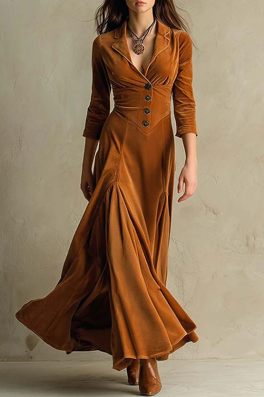 Dames V-hals maxi-jurk in bruin, Elegant en verfijnd
