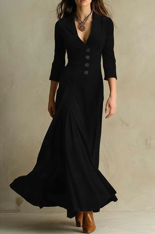 Dames V-hals maxi-jurk in zwart, Elegant en verfijnd