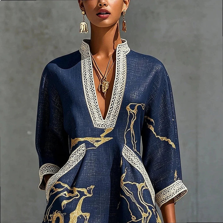 Dames V-hals mini-jurk in blauw, Artistiek design