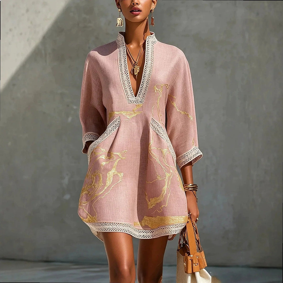 Dames V-hals mini-jurk in roze, Artistiek design