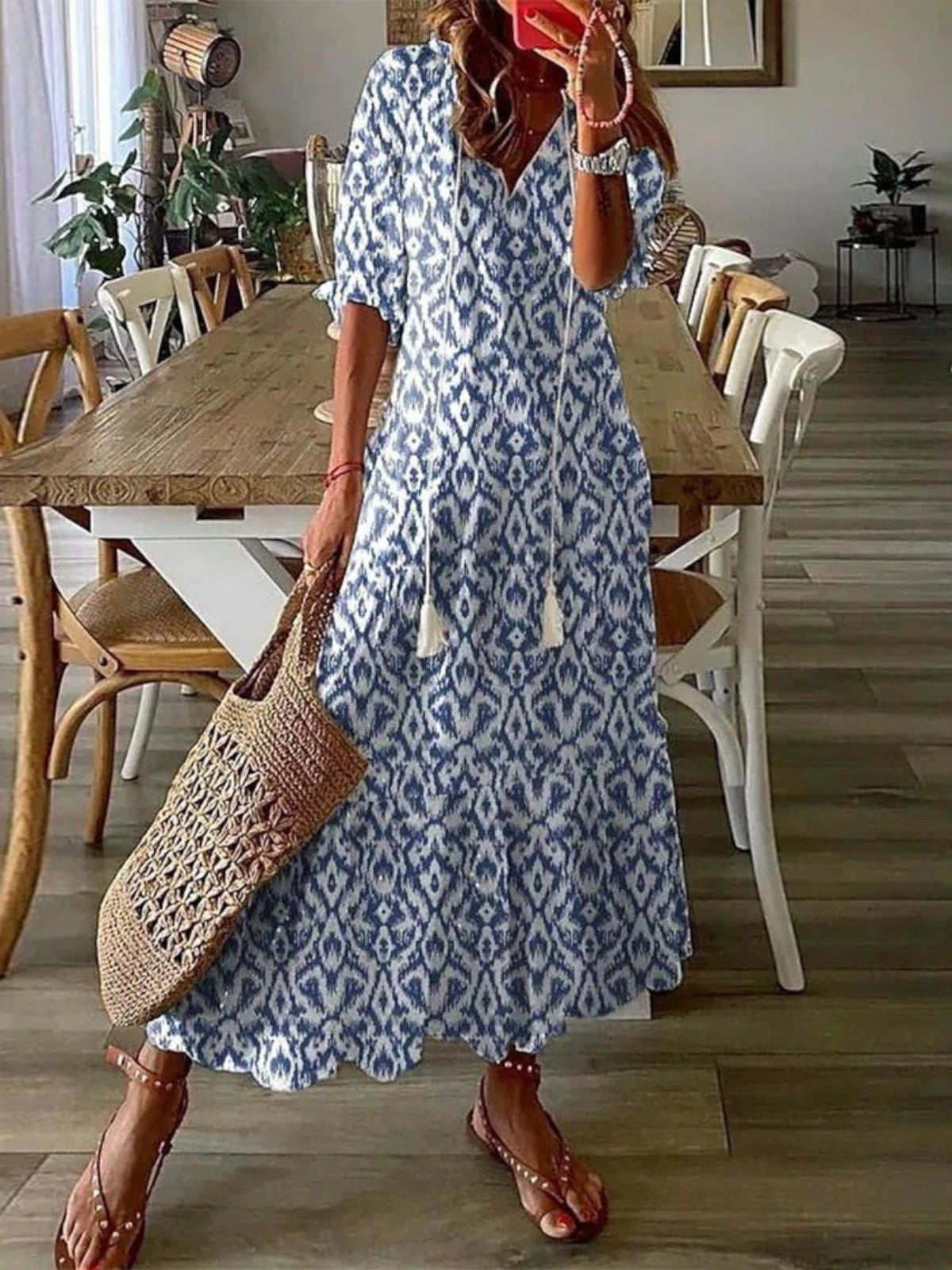Dames V-hals zomerjapon boho - vintage patroon - Blauw