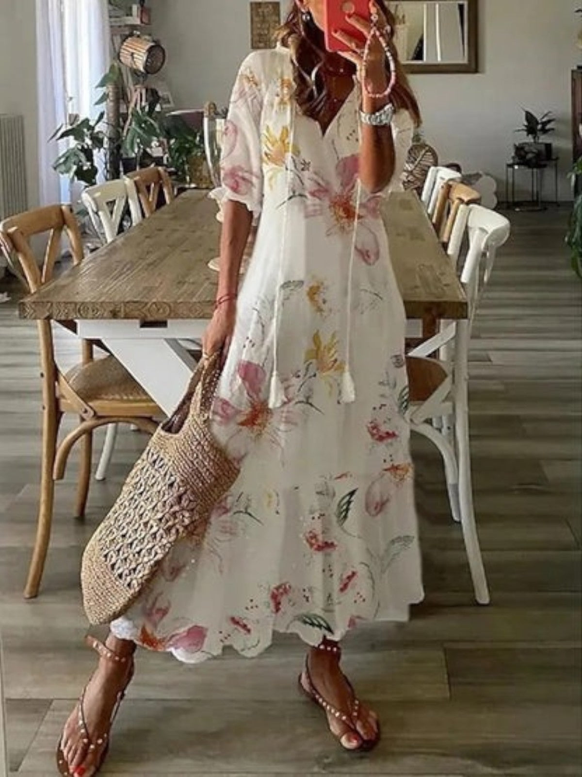 Dames V-hals zomerjapon boho - vintage patroon - Bloemenpatroon wit