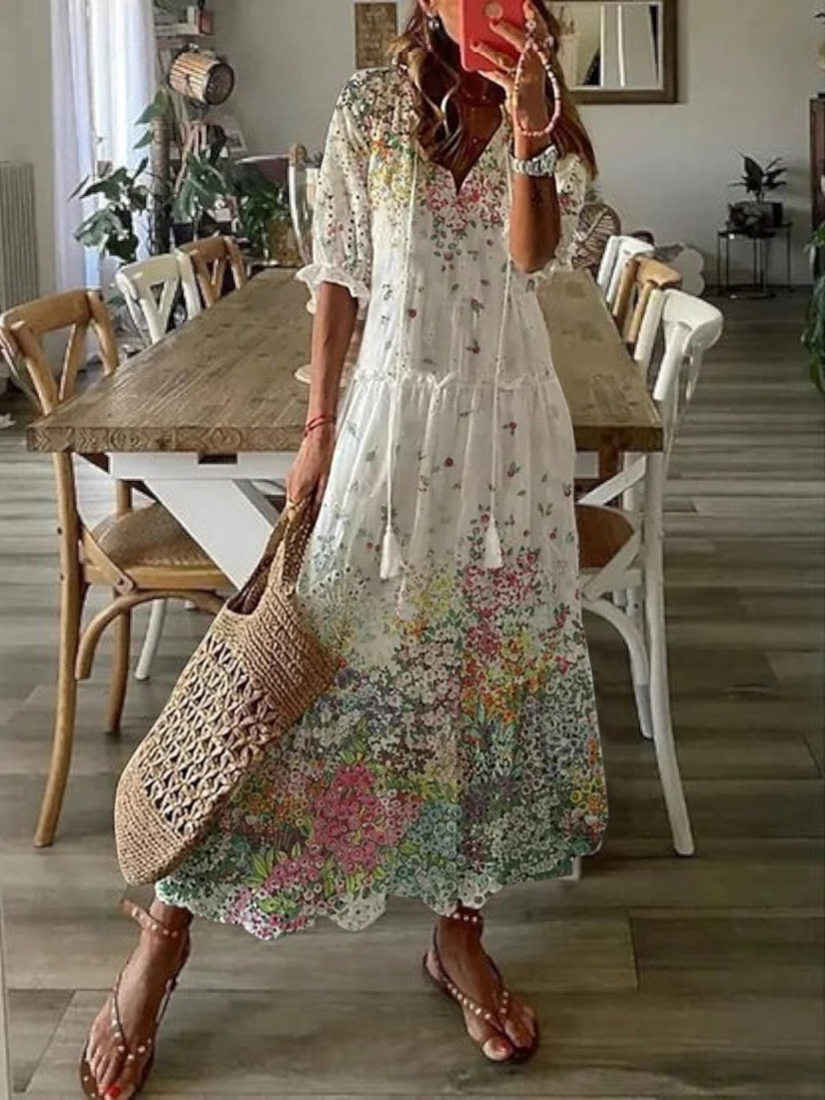Dames V-hals zomerjapon boho - vintage patroon - Elegant wit
