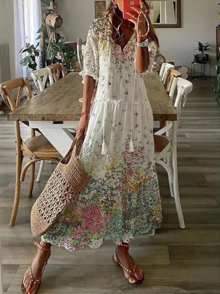 Dames V-hals zomerjapon boho - vintage patroon - Elegant wit
