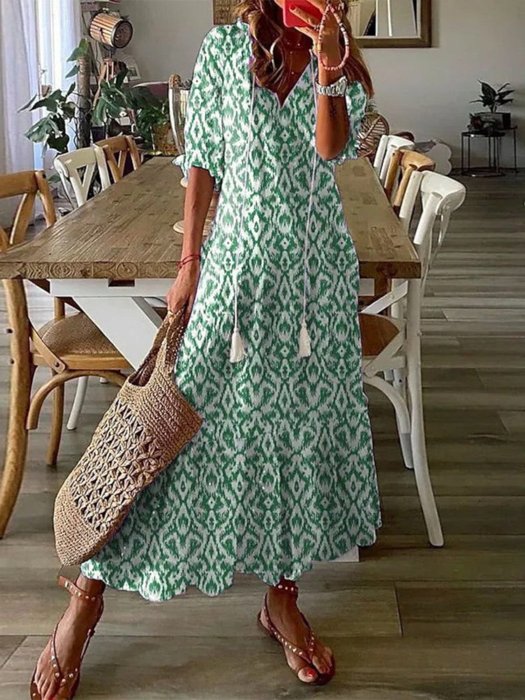 Dames V-hals zomerjapon boho - vintage patroon - Groen