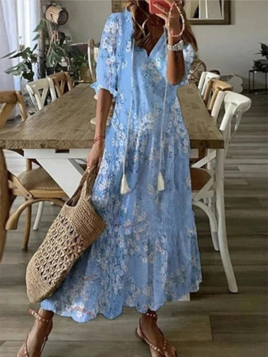 Dames V-hals zomerjapon boho - vintage patroon - Lichtblauw