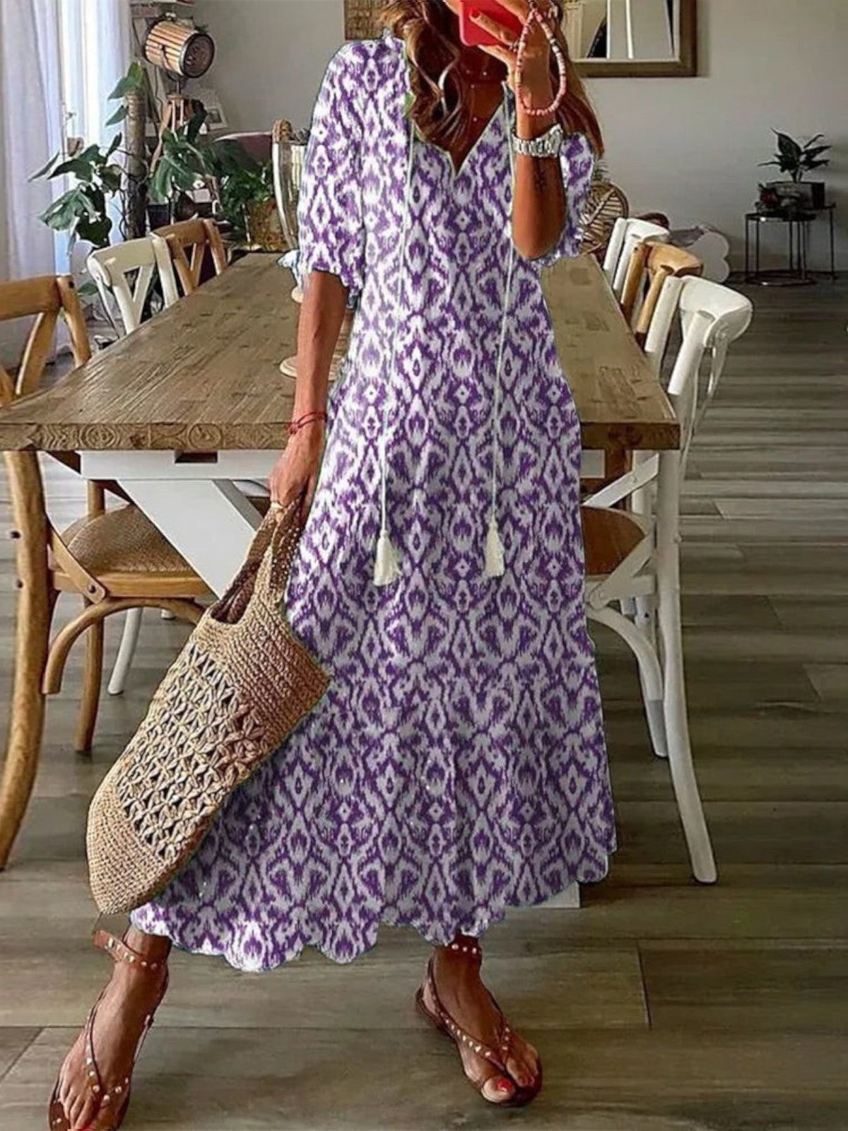 Dames V-hals zomerjapon boho - vintage patroon - Paars