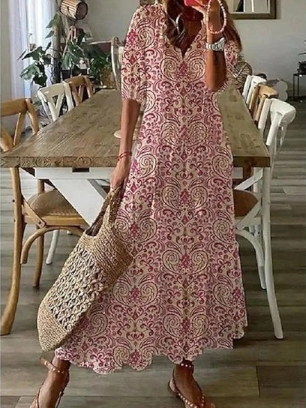 Dames V-hals zomerjapon boho - vintage patroon - Rood