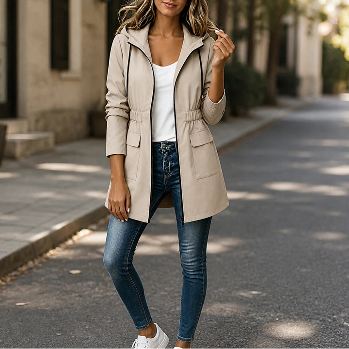 Dames Verstelbare Taille Hooded Parka in koffie, Klassieke Snit