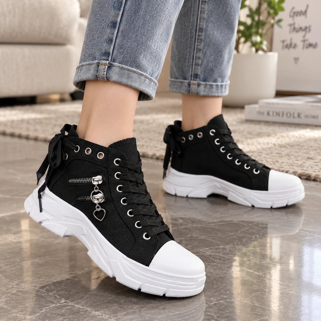 Dames Vetersneaker Platformlaarzen in denimblauw-zwart, Casual Enkelhoog