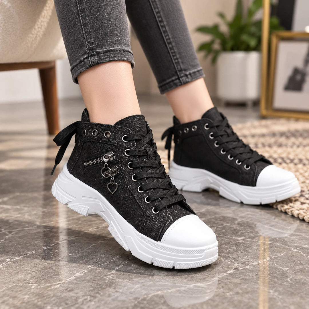 Dames Vetersneaker Platformlaarzen in zwart, Casual Enkelhoog