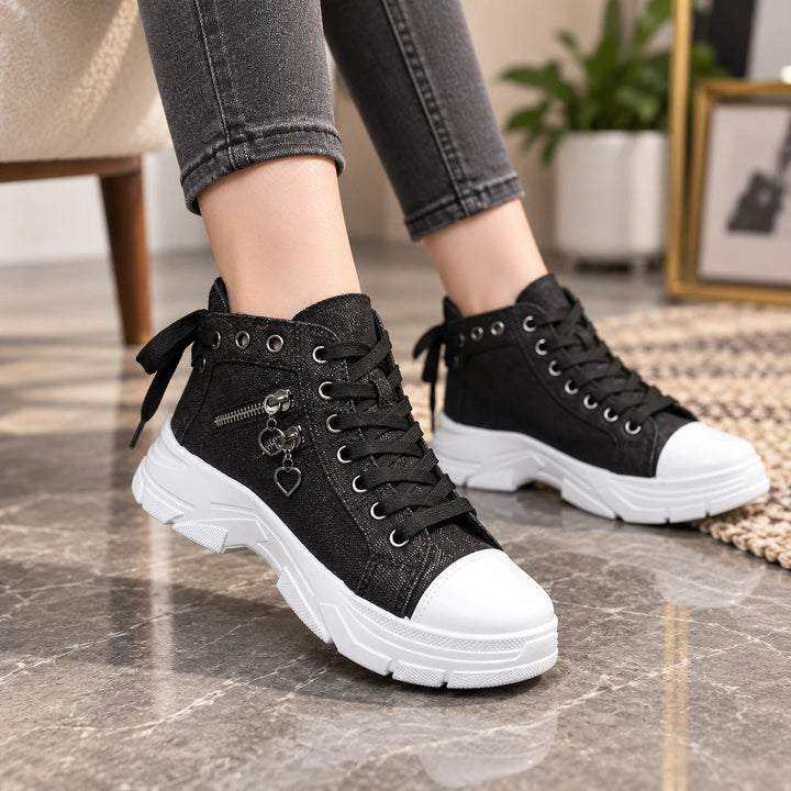 Dames Vetersneaker Platformlaarzen in zwart, Casual Enkelhoog