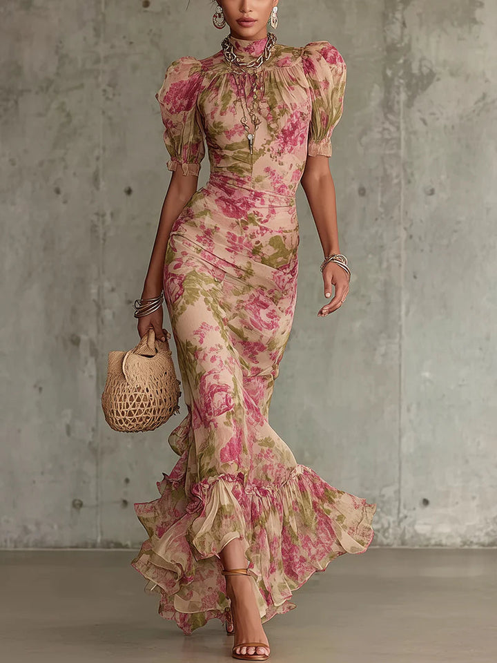 Dames Vintage Pofmouwen Maxi Jurk - Roze - Roze