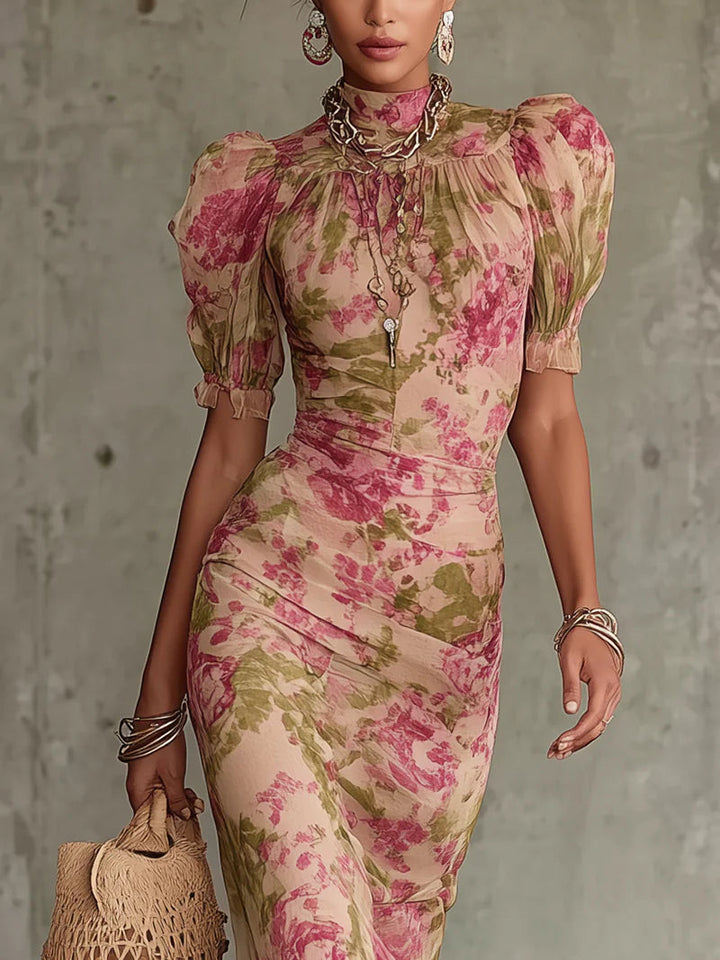 Dames Vintage Pofmouwen Maxi Jurk - Roze
