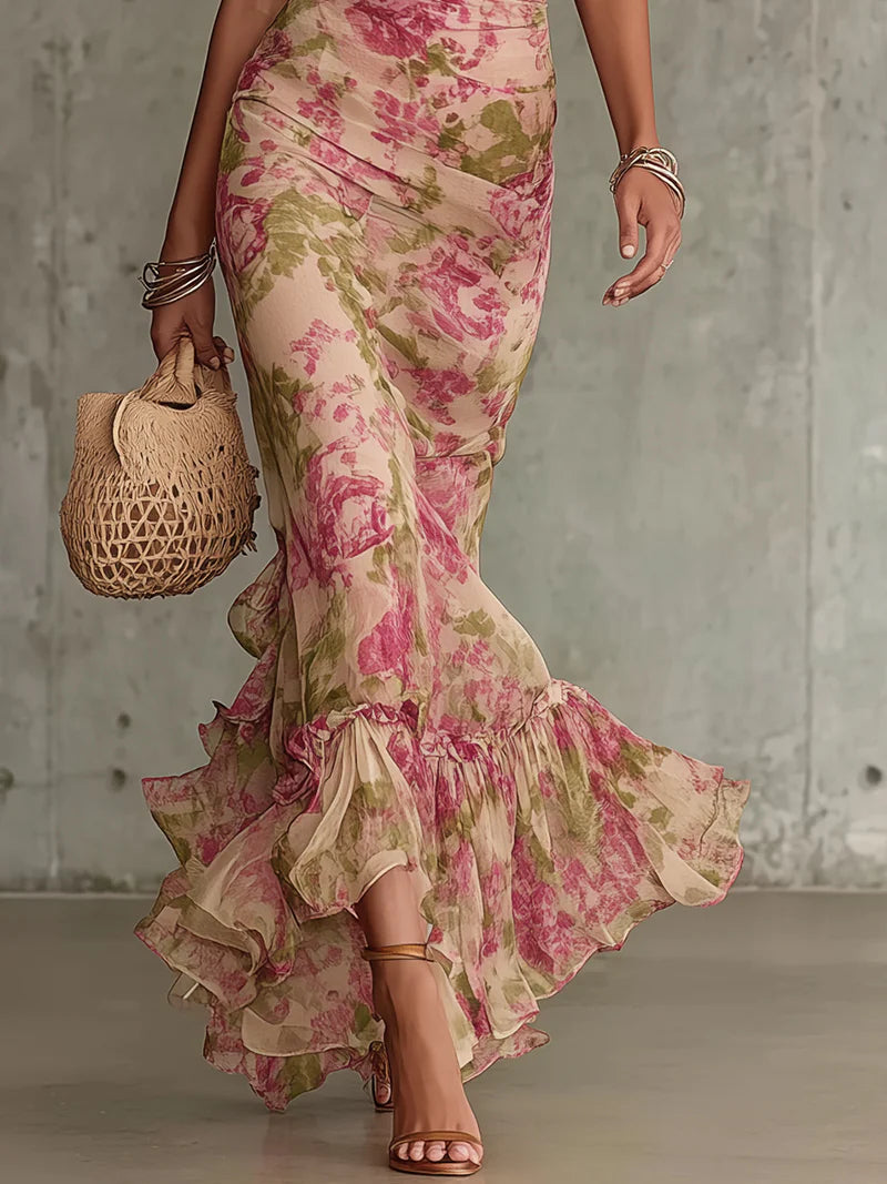 Dames Vintage Pofmouwen Maxi Jurk - Roze