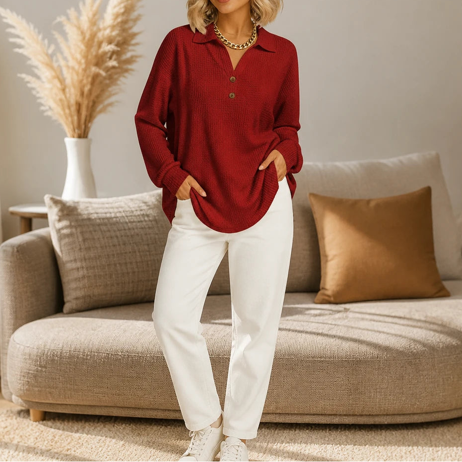 Dames Wafelstructuur Lange Mouwen V-Hals Blouse in rood, Casual