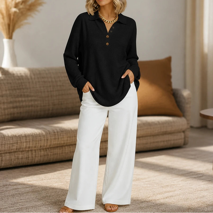 Dames Wafelstructuur Lange Mouwen V-Hals Blouse in zwart, Casual