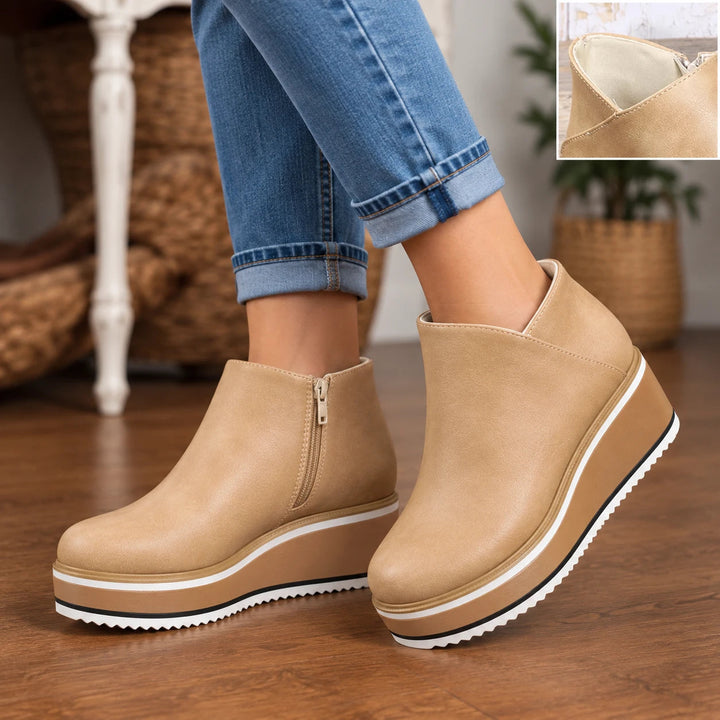 Dames Wedge Enkellaarzen met Ritssluiting in beige, Zwart