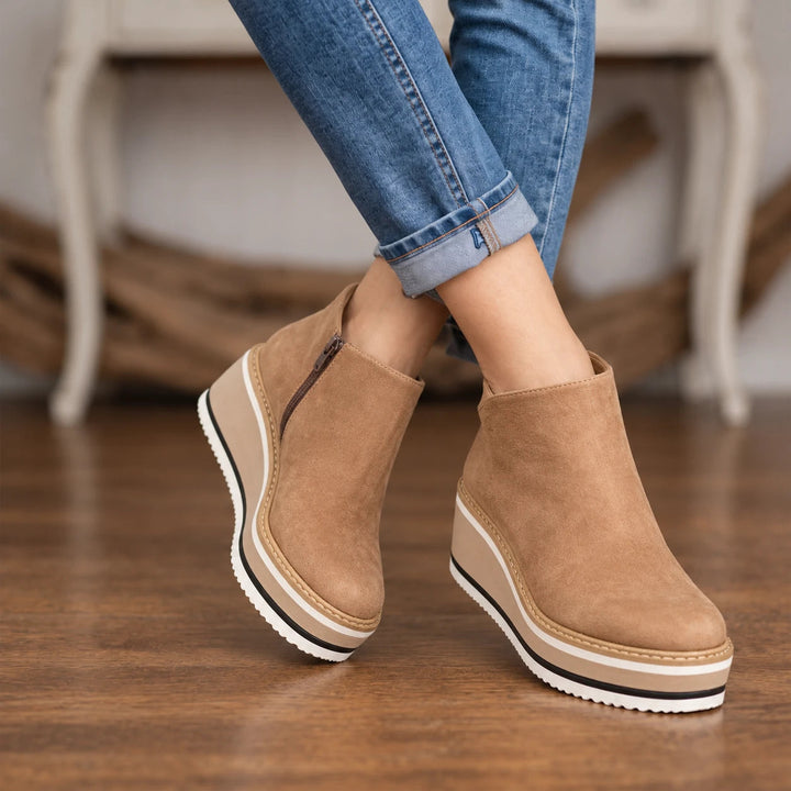 Dames Wedge Enkellaarzen met Ritssluiting in lichtbruin, Zwart